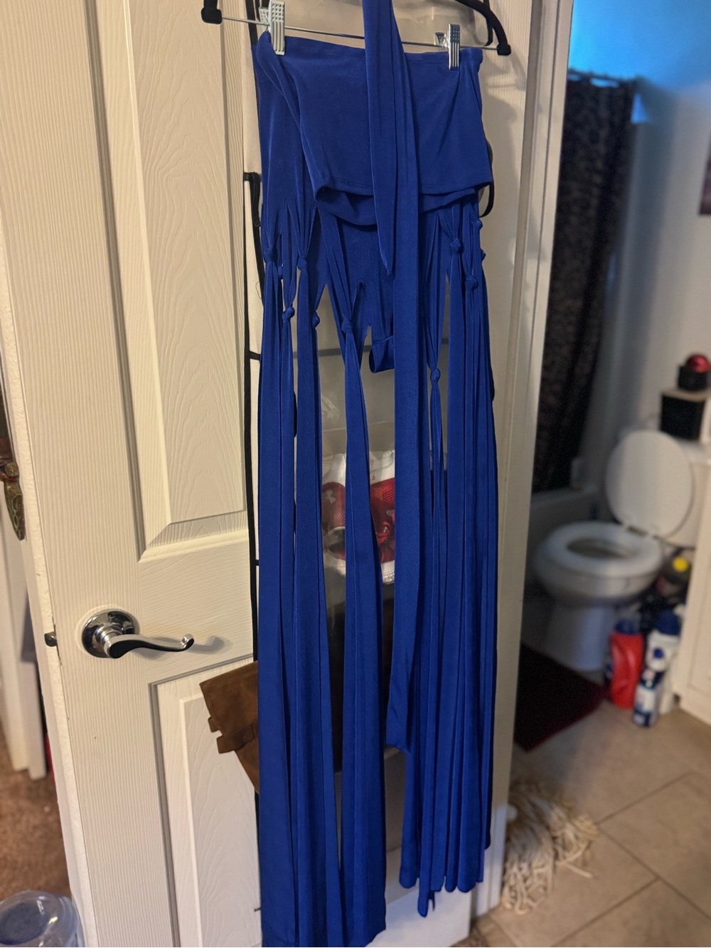 Three piece set tube top fringe shorts and headband royal blue stretchy and cute